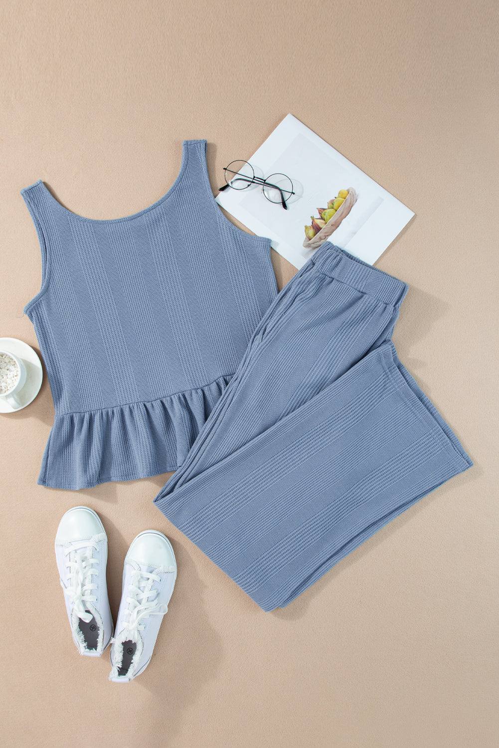 Ensemble débardeur et pantalon côtelés à volants de couleur unie bleu Beau
