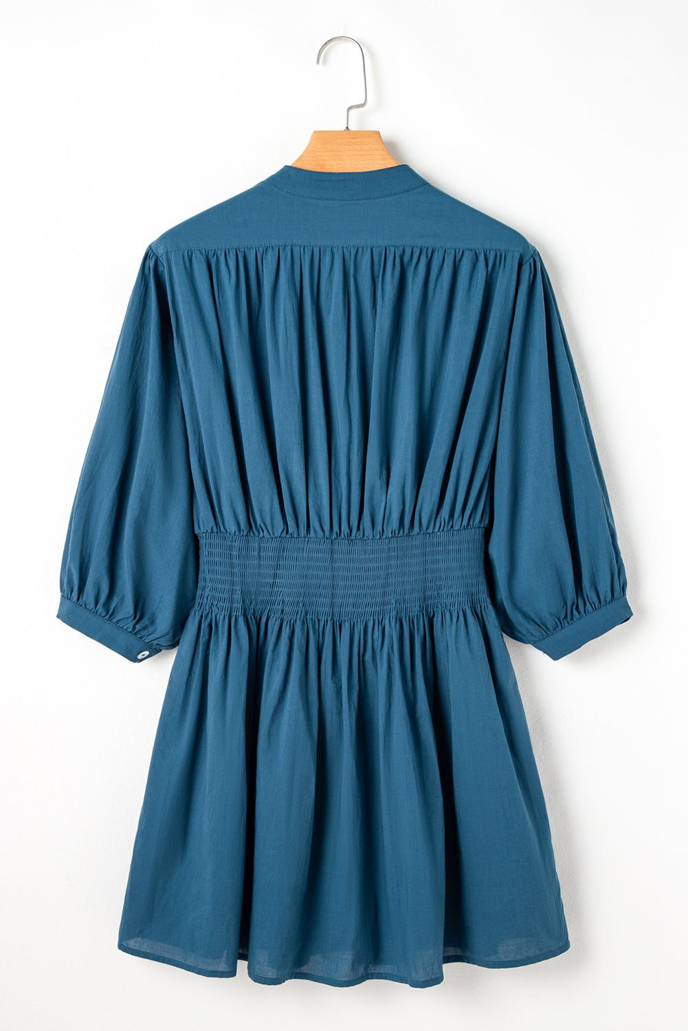 Prussian Blue 3 4th Sleeve Shirred High Waist Buttoned Mini Dress