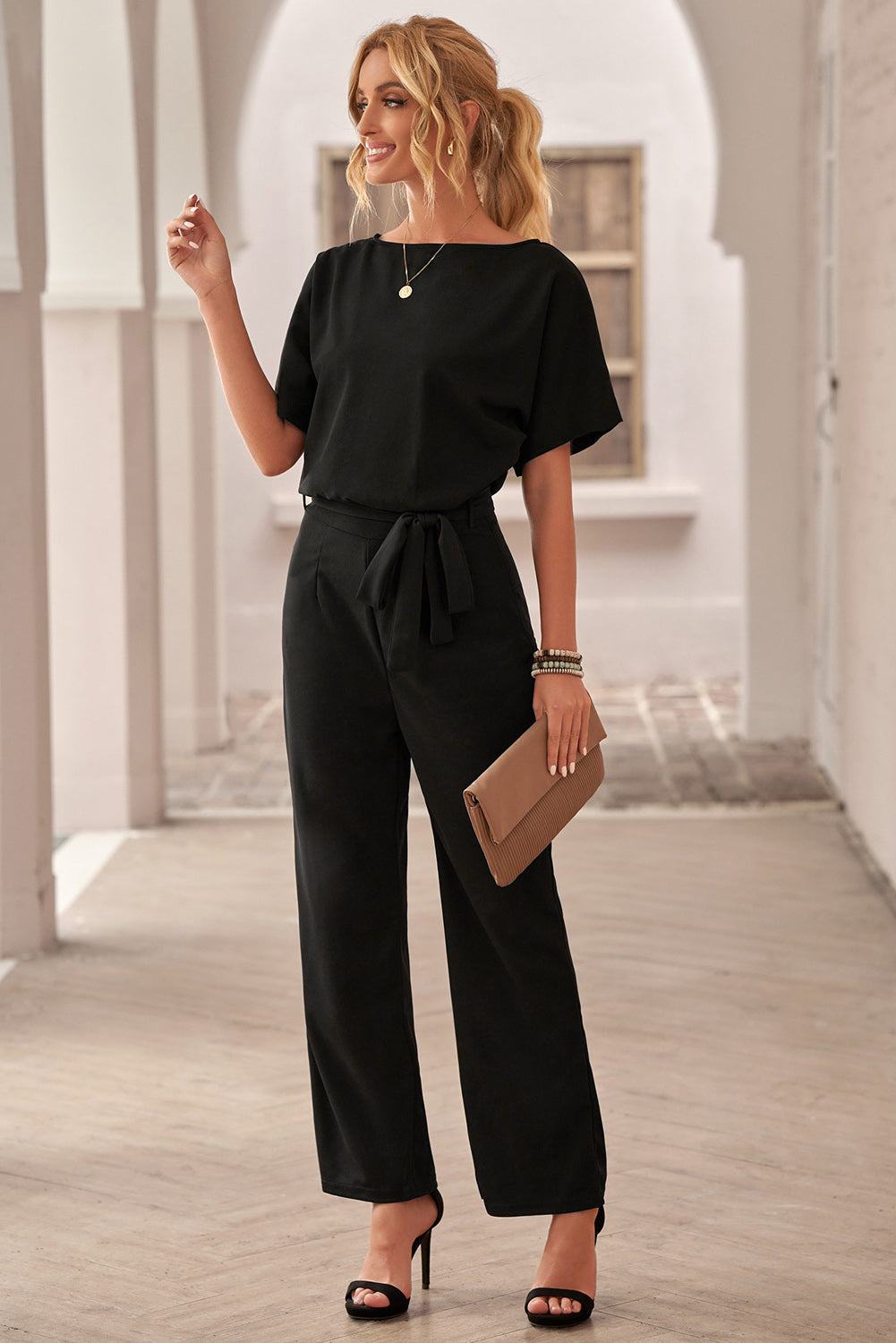 Glam Belted Wide Leg Jumpsuit