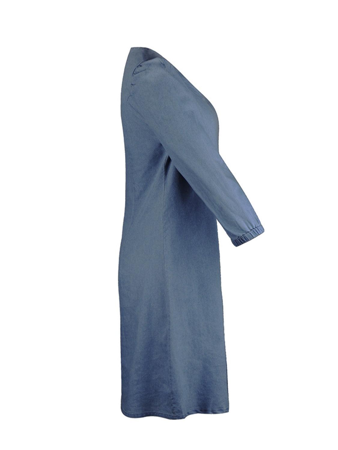 Full Size V-Neck Half Sleeve Dress in blue, basic style, no stretch, rayon-polyester blend.