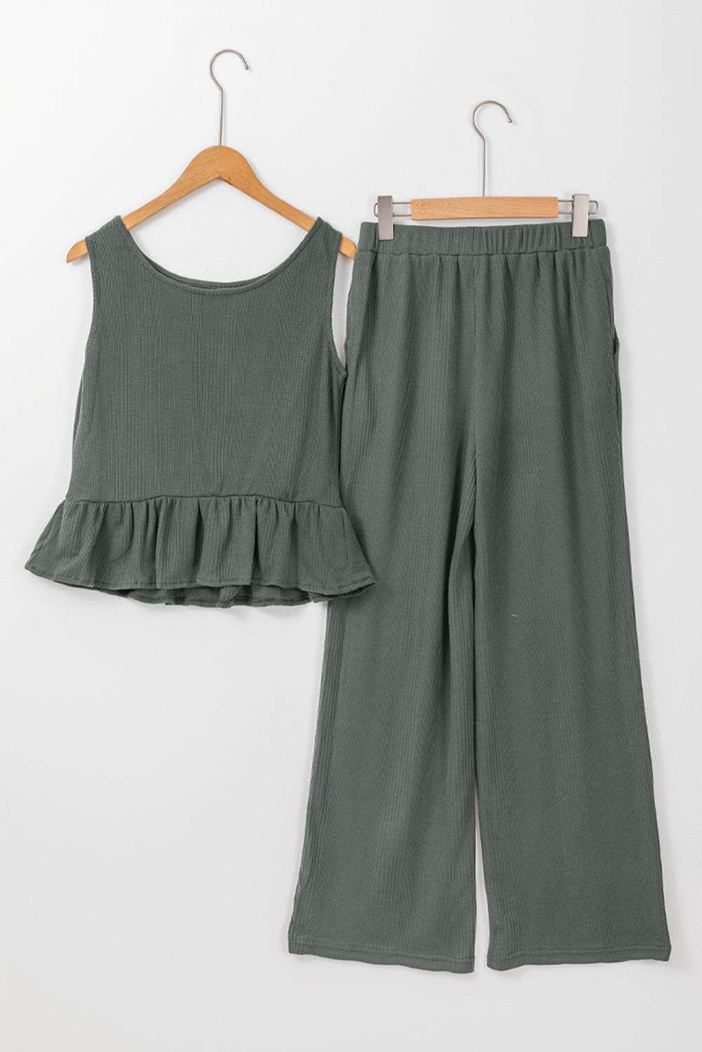 Duffel green solid color ribbed ruffle tank top and pants set - complete look