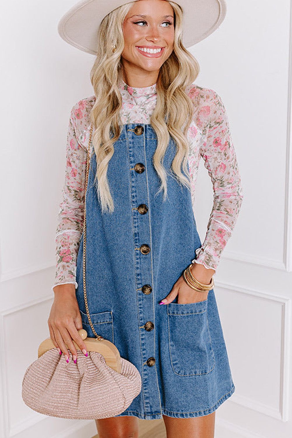 Dusk Blue Wide Strap Button Front Denim Mini Dress with Pockets