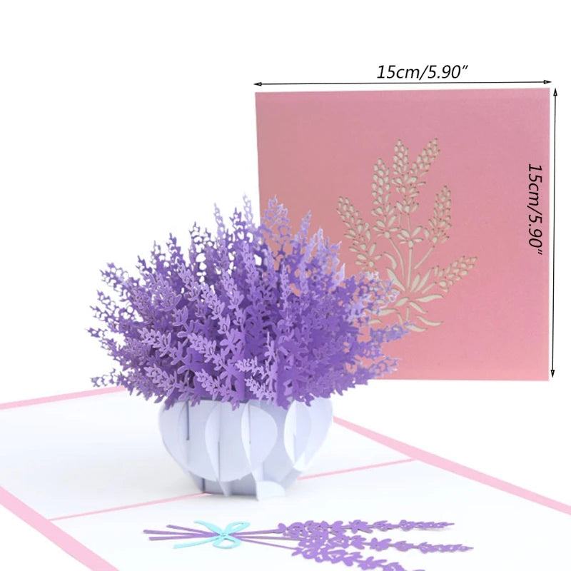 3D pop-up greeting card with lavender design and envelope, ideal for special occasions.