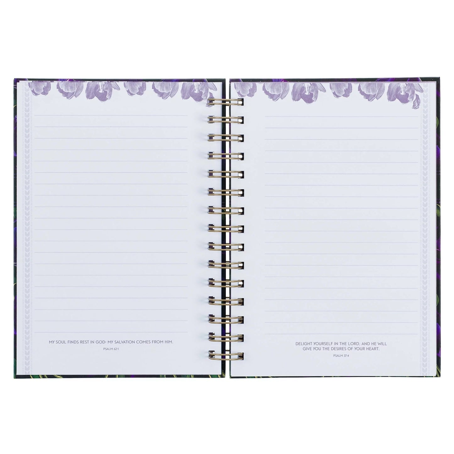 Large hardcover journal with purple tulip design, featuring Luke 1:45 Bible verse; black and purple wire-bound notebook with 192 ruled pages.