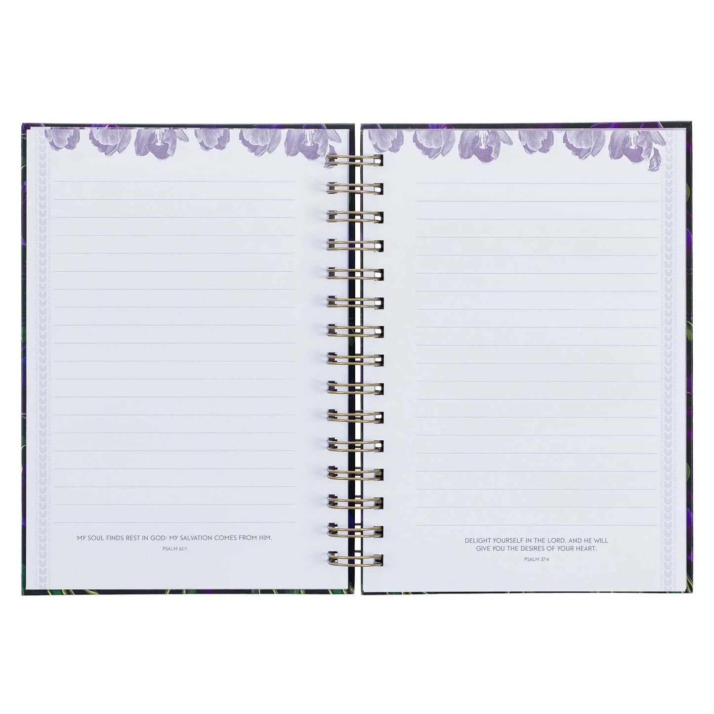 Large hardcover journal with purple tulip design, featuring Luke 1:45 Bible verse; black and purple wire-bound notebook with 192 ruled pages.