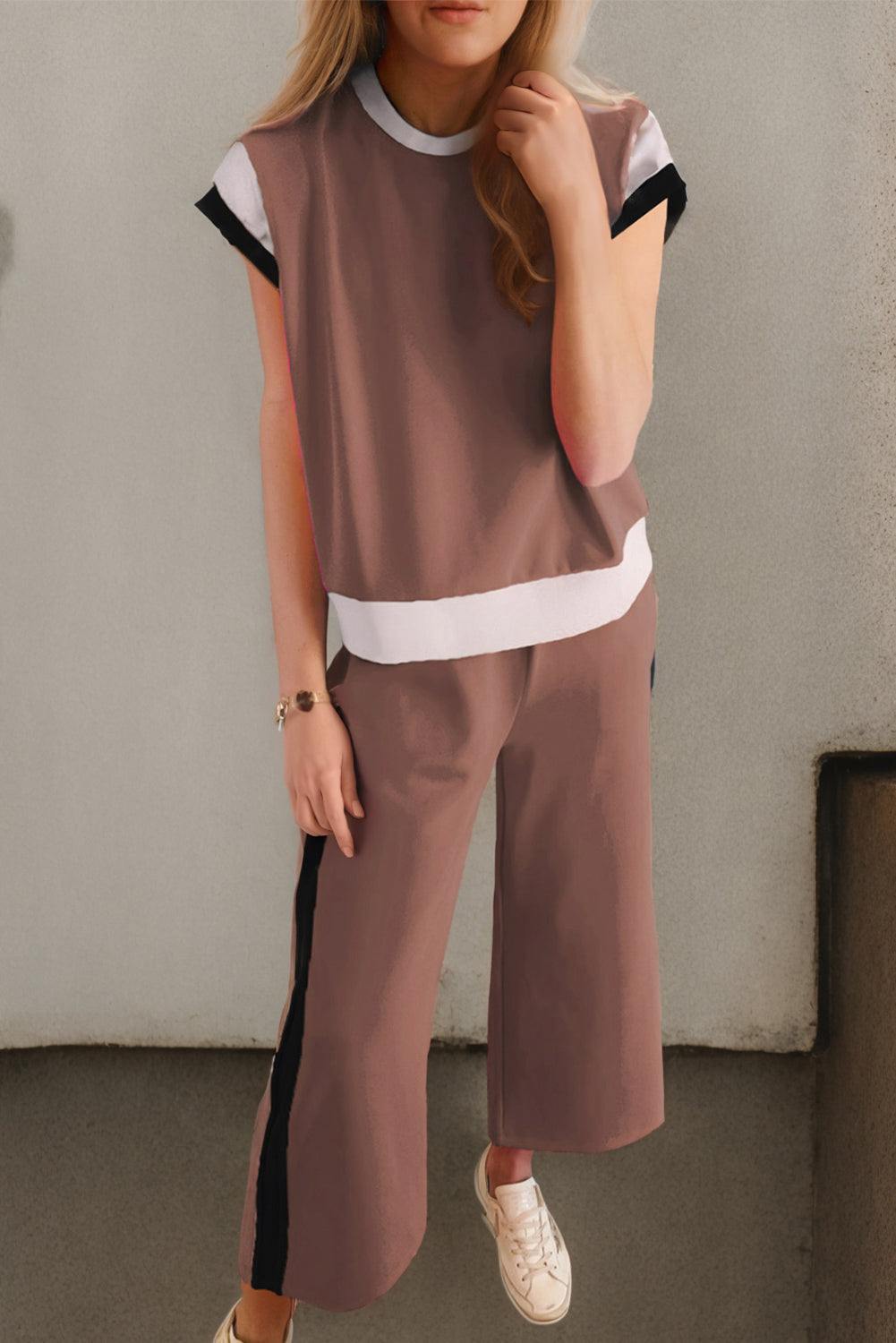 Woman wearing chestnut color block casual two-piece outfit with neutral tones and relaxed fit jogger pants