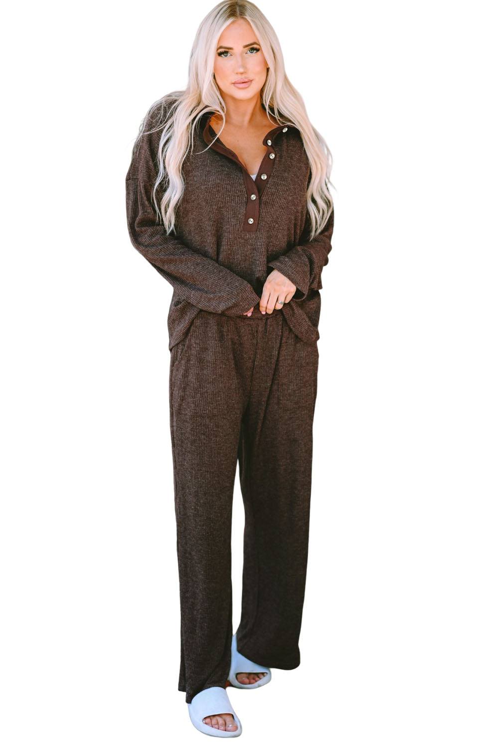 Brown Ribbed Knit Collared Henley Top