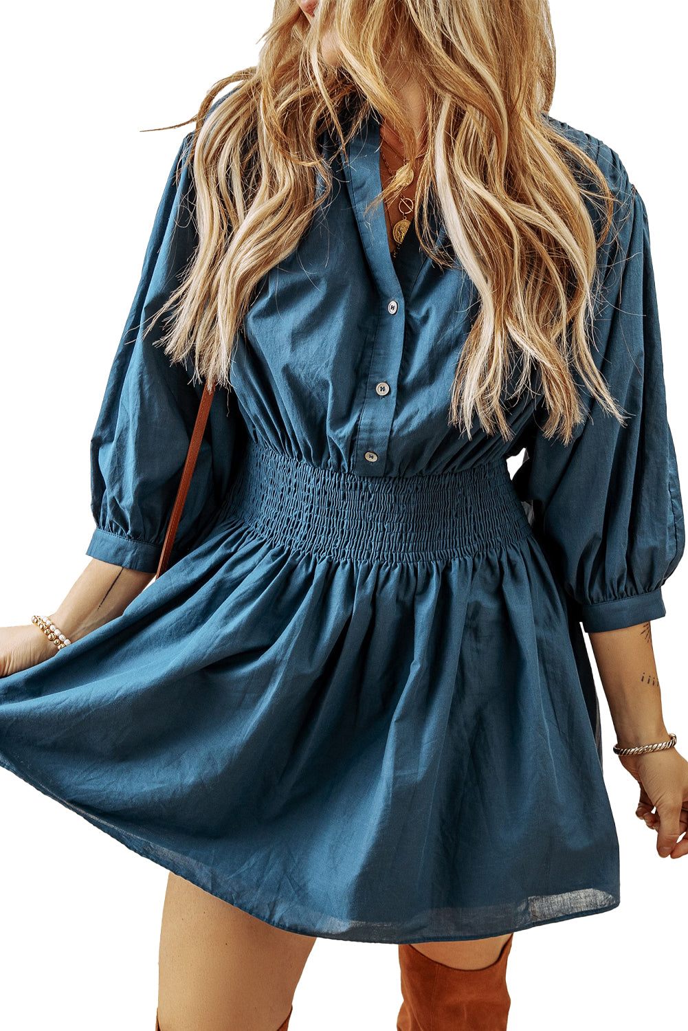 Prussian Blue 3 4th Sleeve Shirred High Waist Buttoned Mini Dress