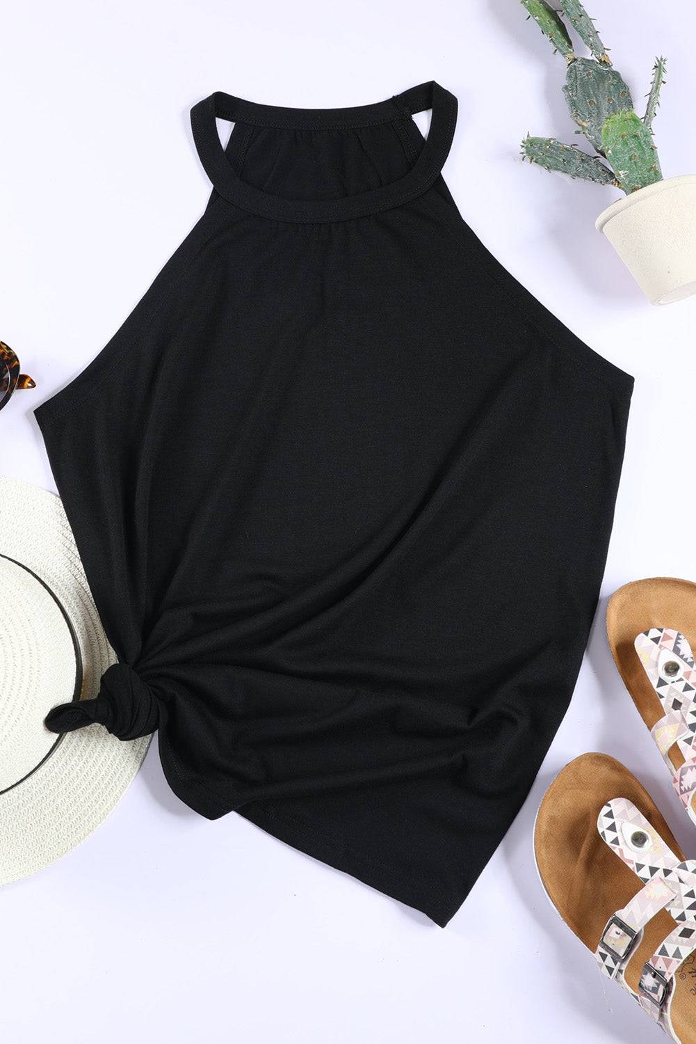 Grey Solid Color Crew Neck Tank Top