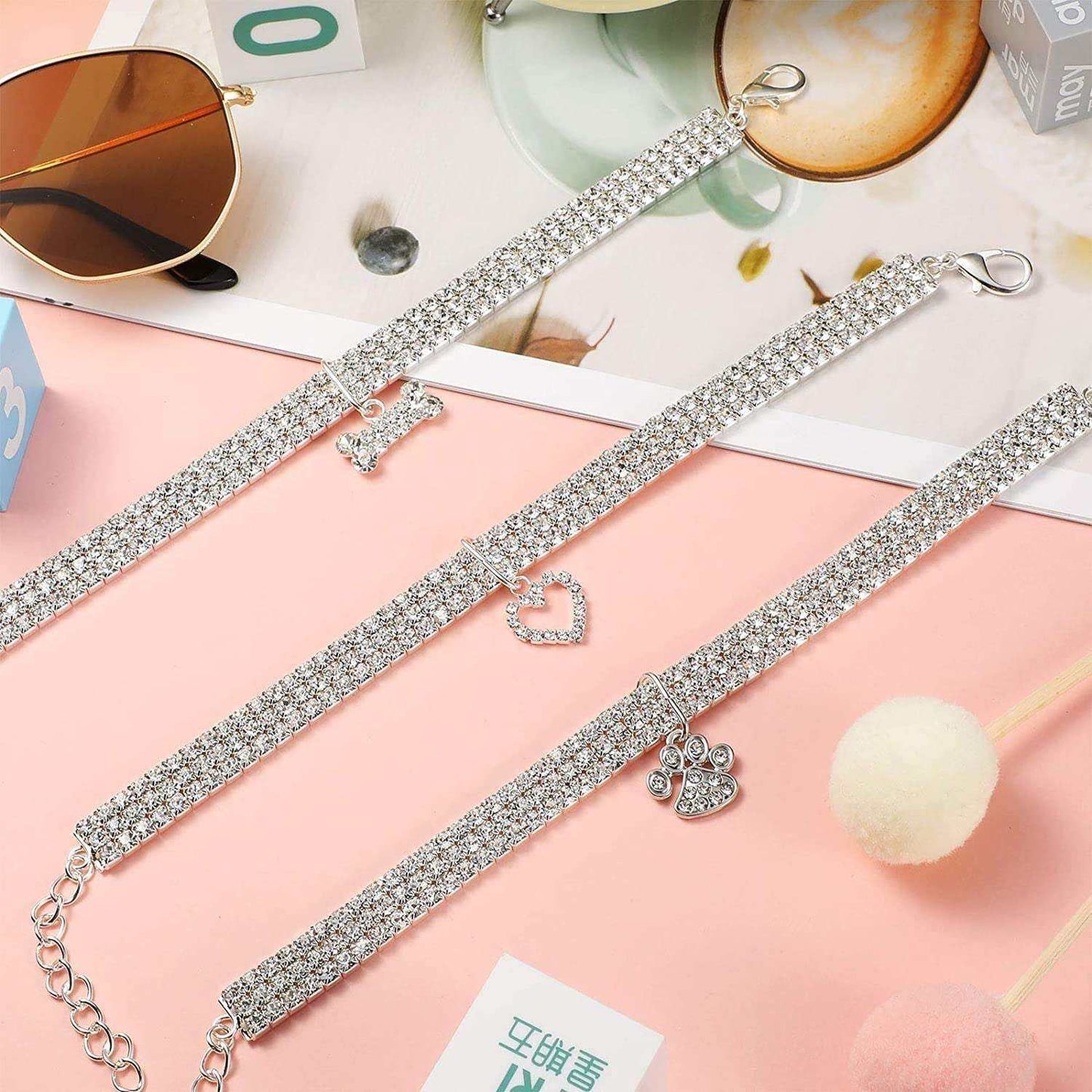 Bling rhinestone pet collars for cats and dogs in white