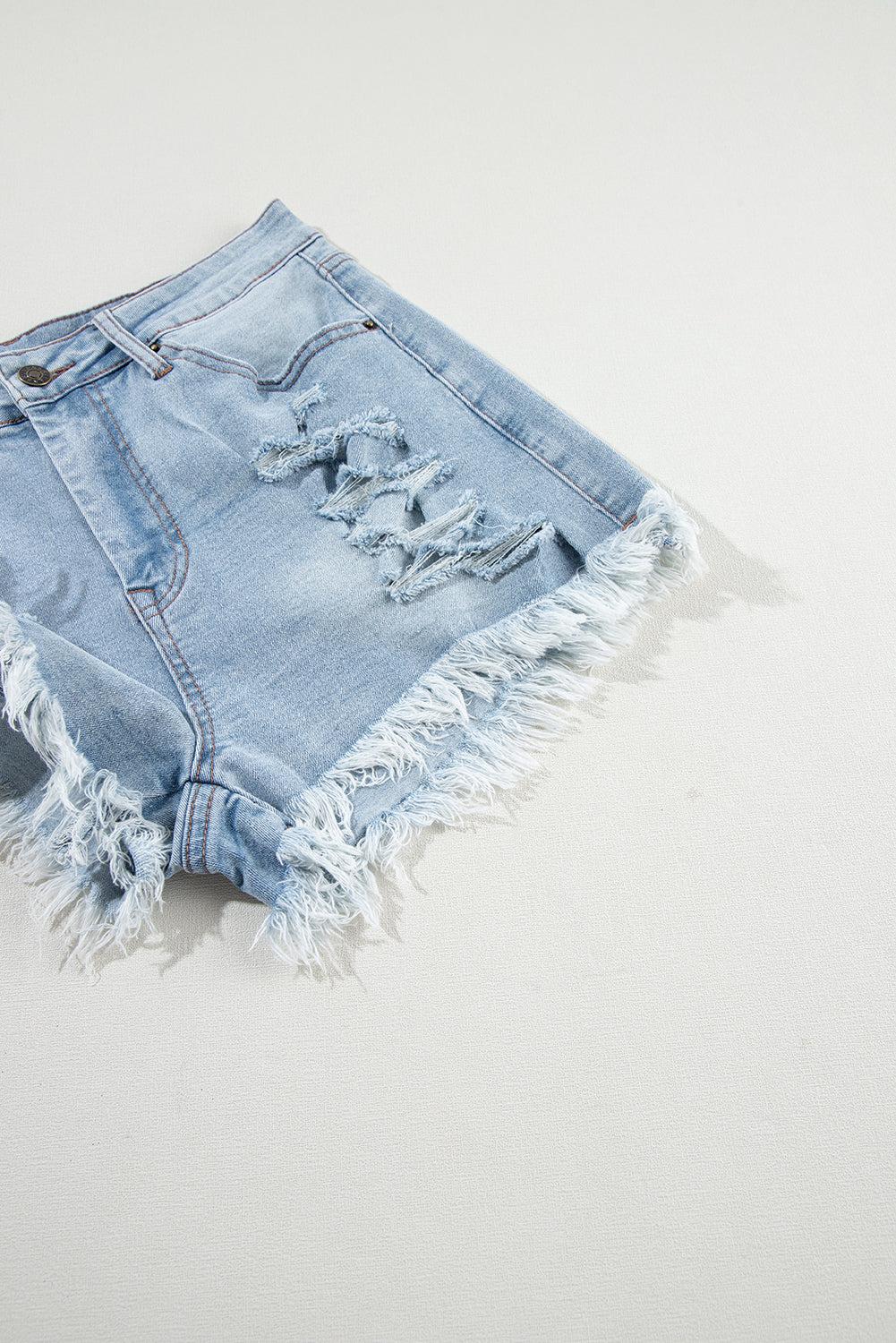 Light blue distressed high waist denim shorts with frayed hem and ripped details.