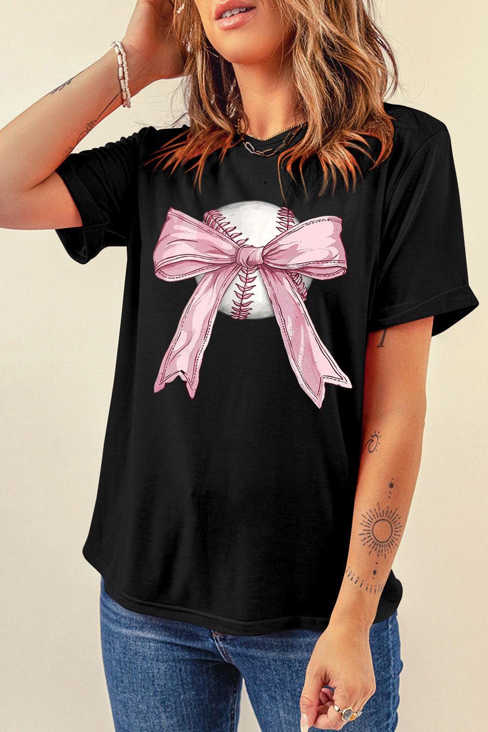 Black Baseball Bow Knot Print Round Neck