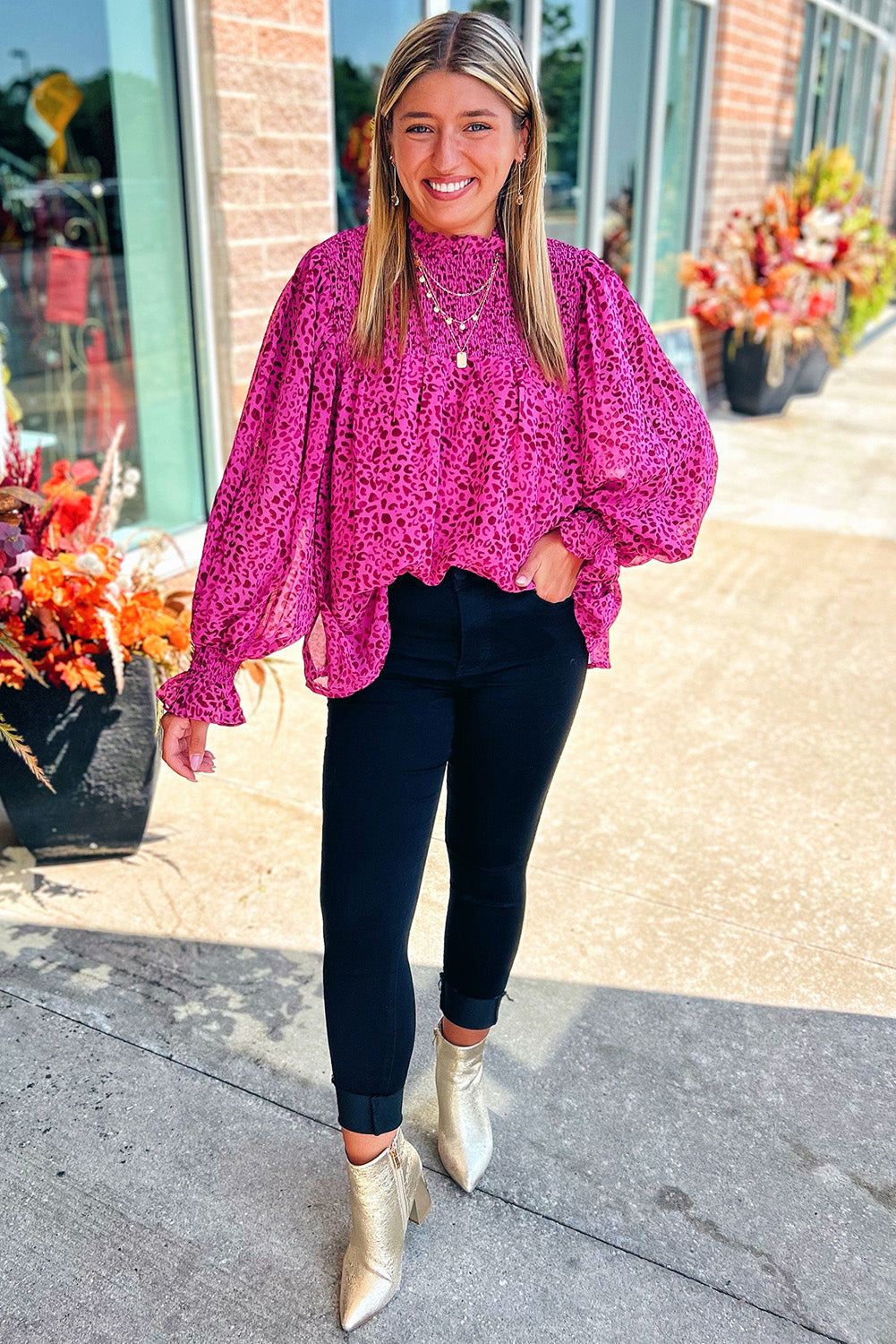 Leopard Print Blouse – Rose Puff Sleeve Shirred Top for Women street chic