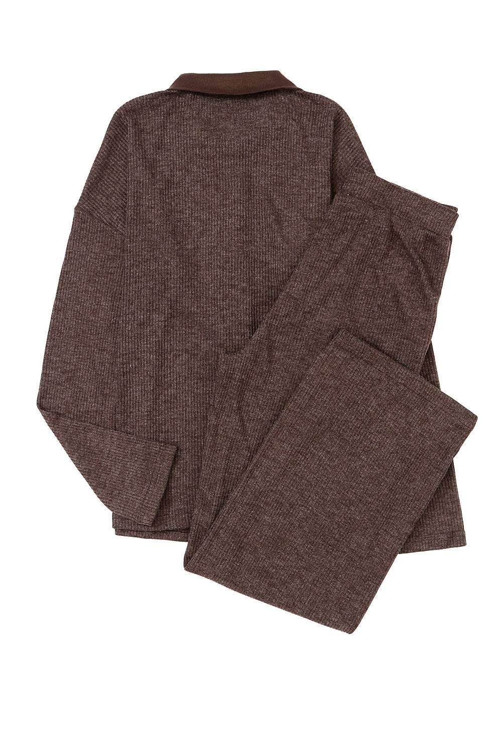 Brown Ribbed Knit Collared Henley Top
