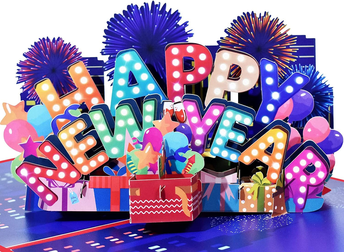 3D Happy New Year pop-up card with fireworks and colorful decorations.