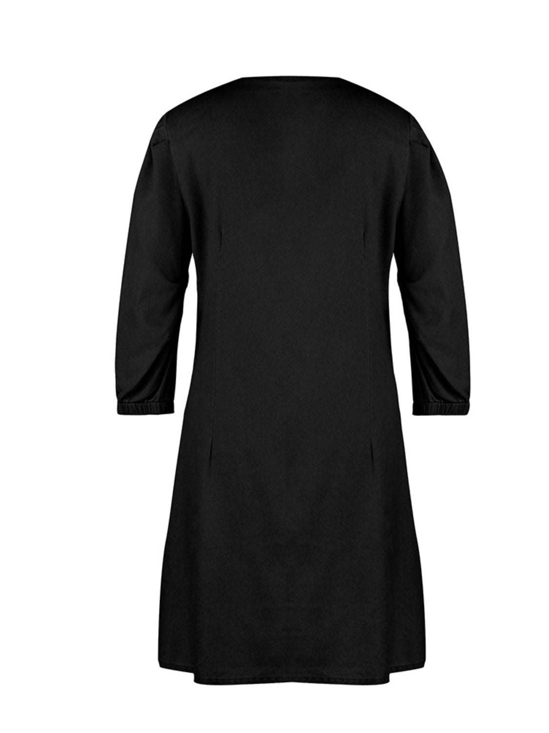 Full Size V-Neck Half Sleeve Dress in black with no stretch, made from rayon and polyester.