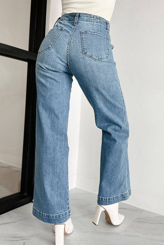 Dusk Blue Multi Buttons Medium Wash Straight Loose Leg Jeans featuring a unique button design and relaxed fit.