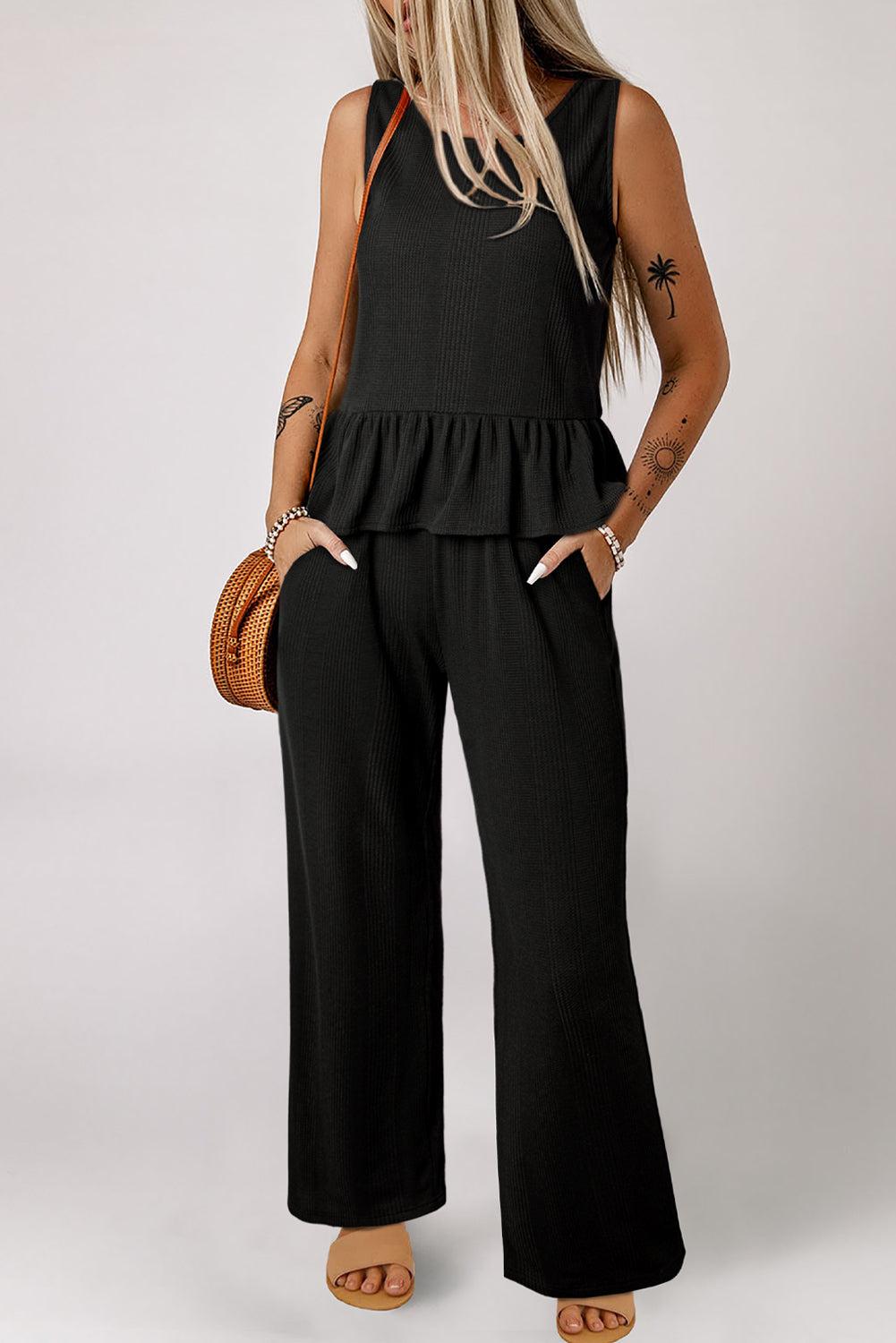 Black ribbed ruffle tank top and pants set for women, featuring stylish ruffle hem and breathable knit fabric.