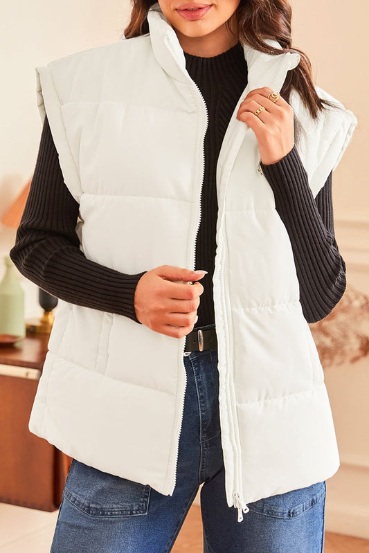 Solid Zipper Stand Neck Oversized Puffer Vest for layering in cold weather.