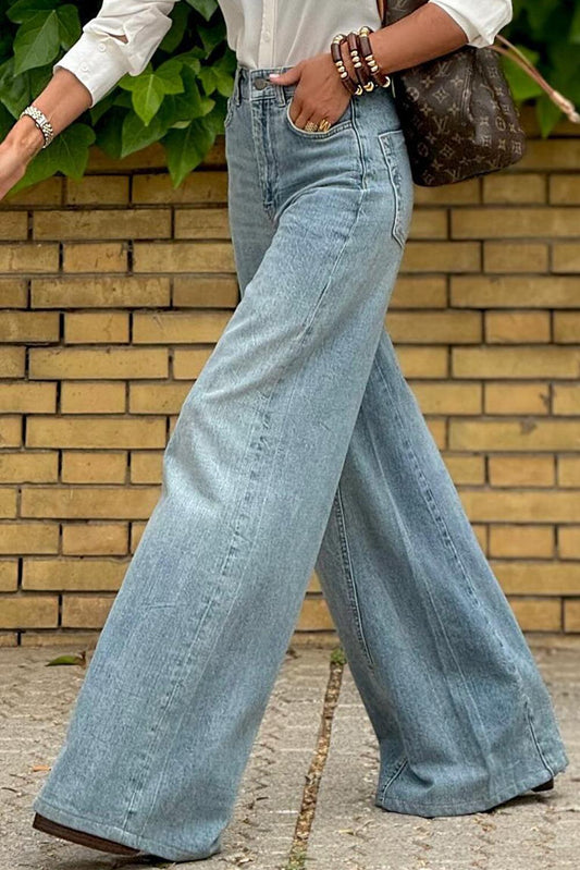 Dusk blue acid wash high waist extra wide leg long jeans for women