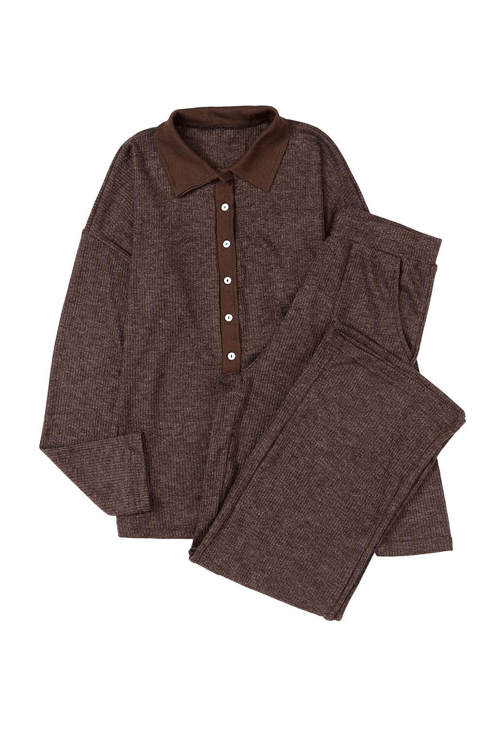 Brown Ribbed Knit Collared Henley Top