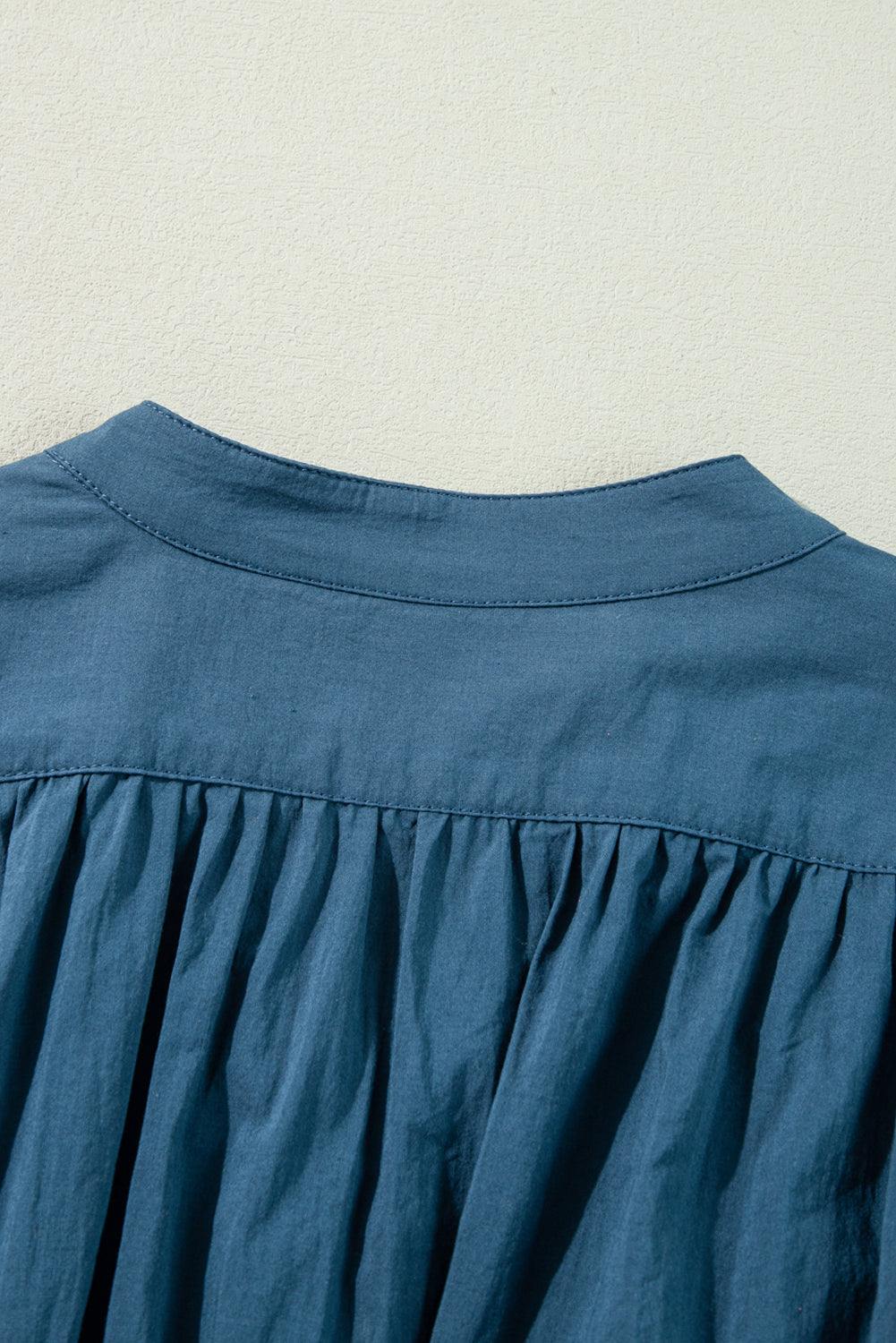Prussian Blue 3 4th Sleeve Shirred High Waist Buttoned Mini Dress