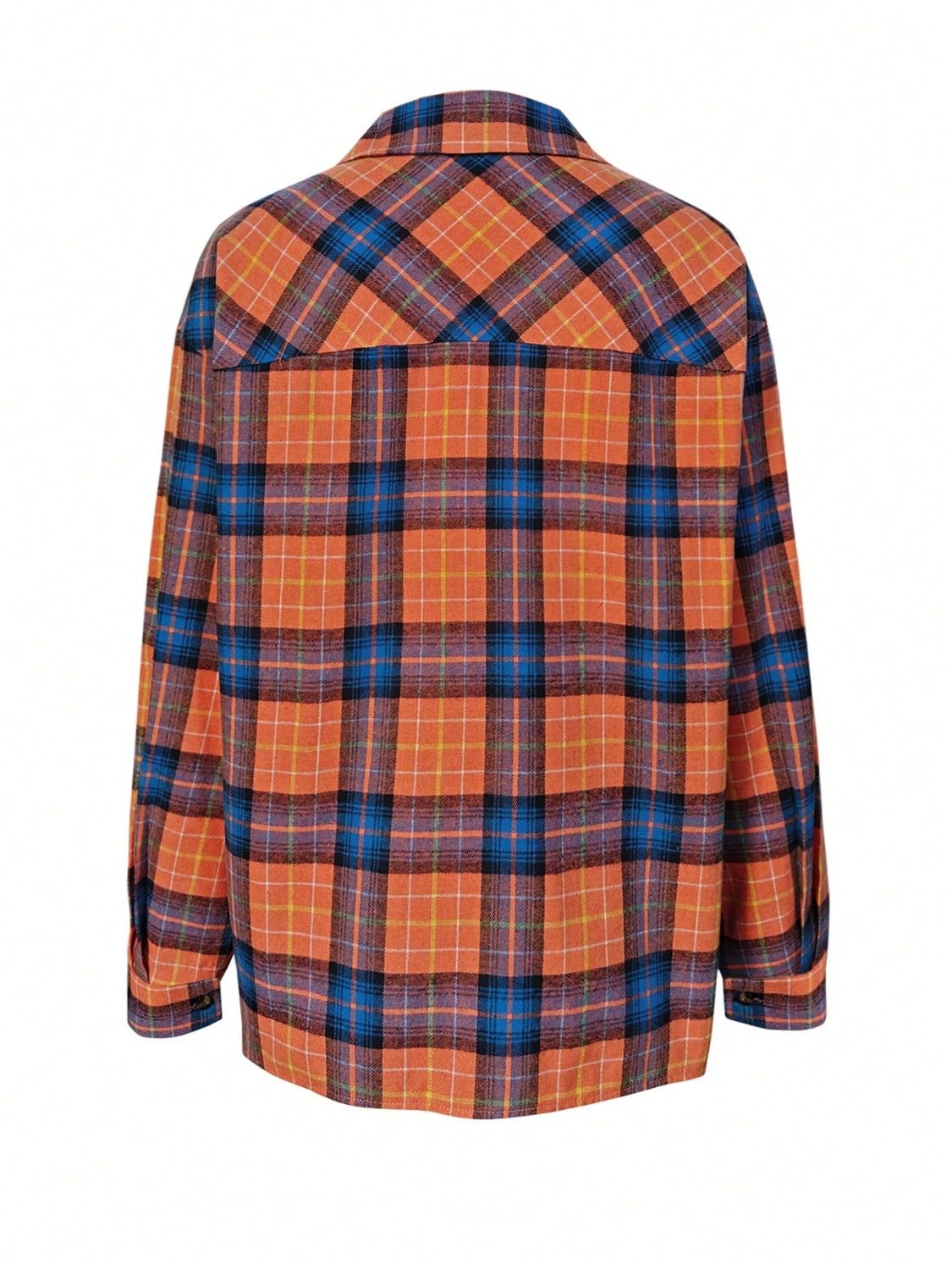 Plaid collared neck shirt with long sleeves, featuring an orange and blue pattern.