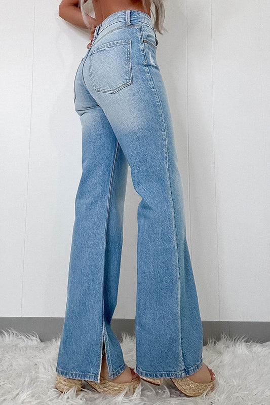High rise slit leg jeans - side view showing slit leg details