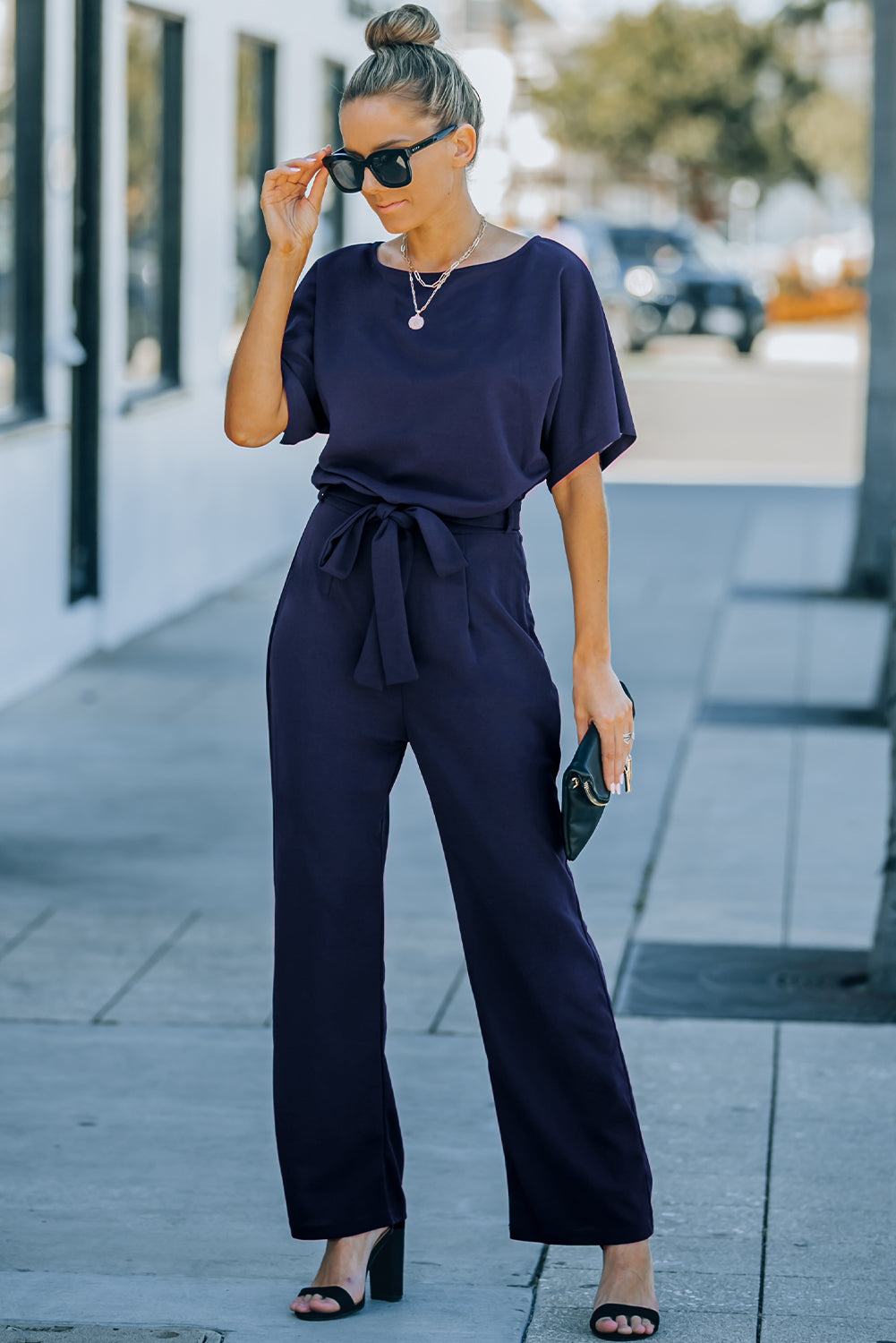 Glam Belted Wide Leg Jumpsuit