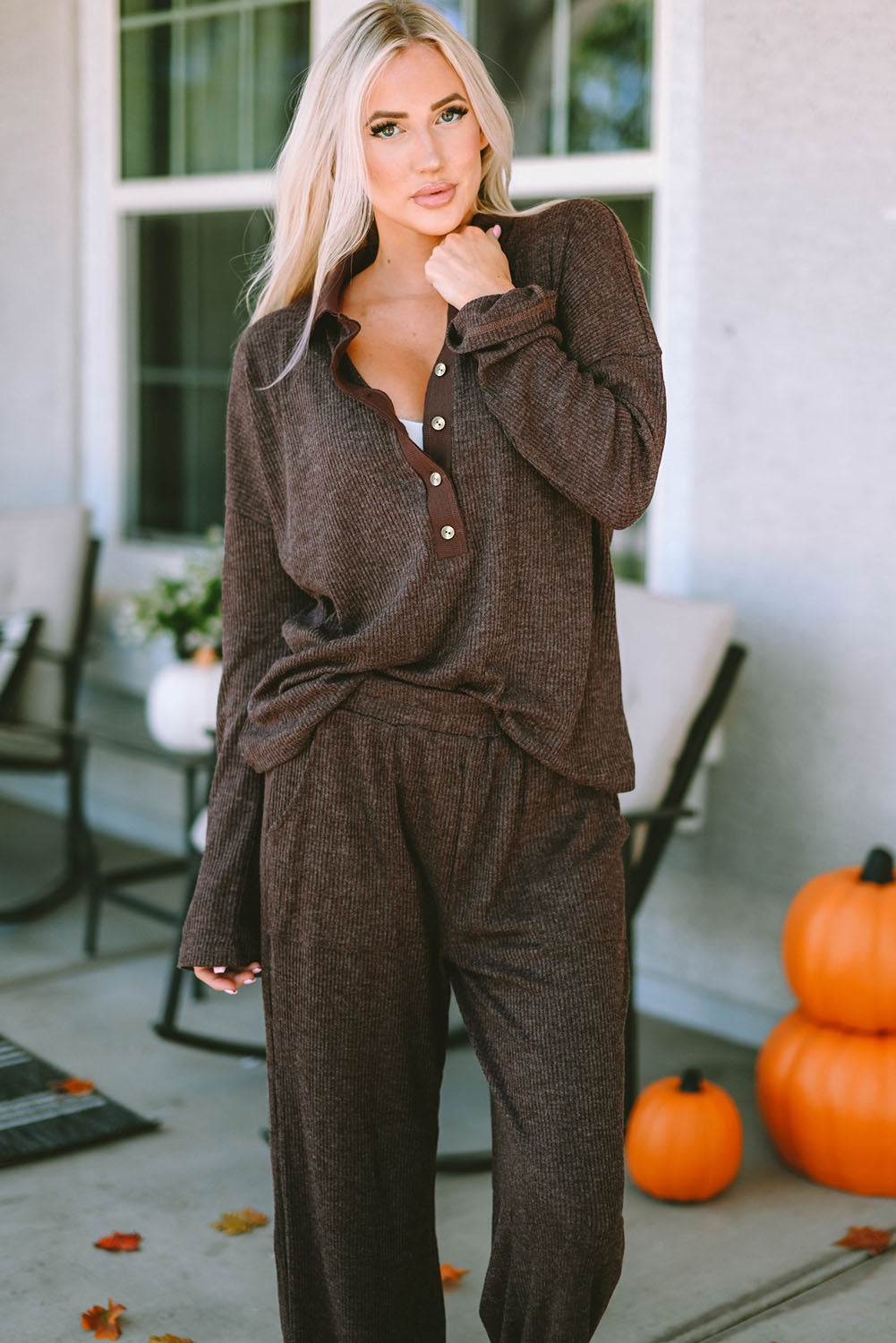 Brown Ribbed Knit Collared Henley Top