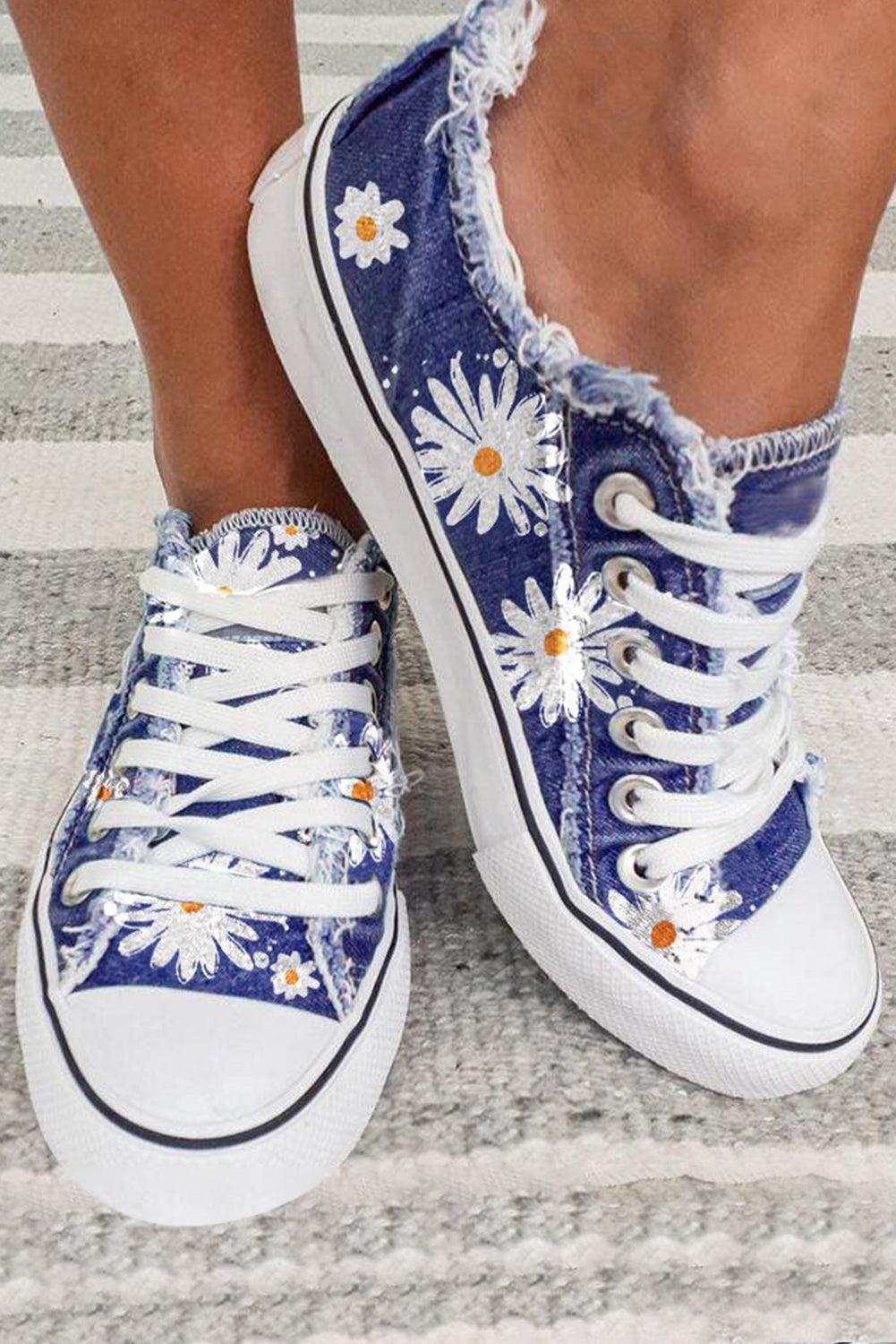 Sky Blue Frayed Denim Daisy Print Lace-