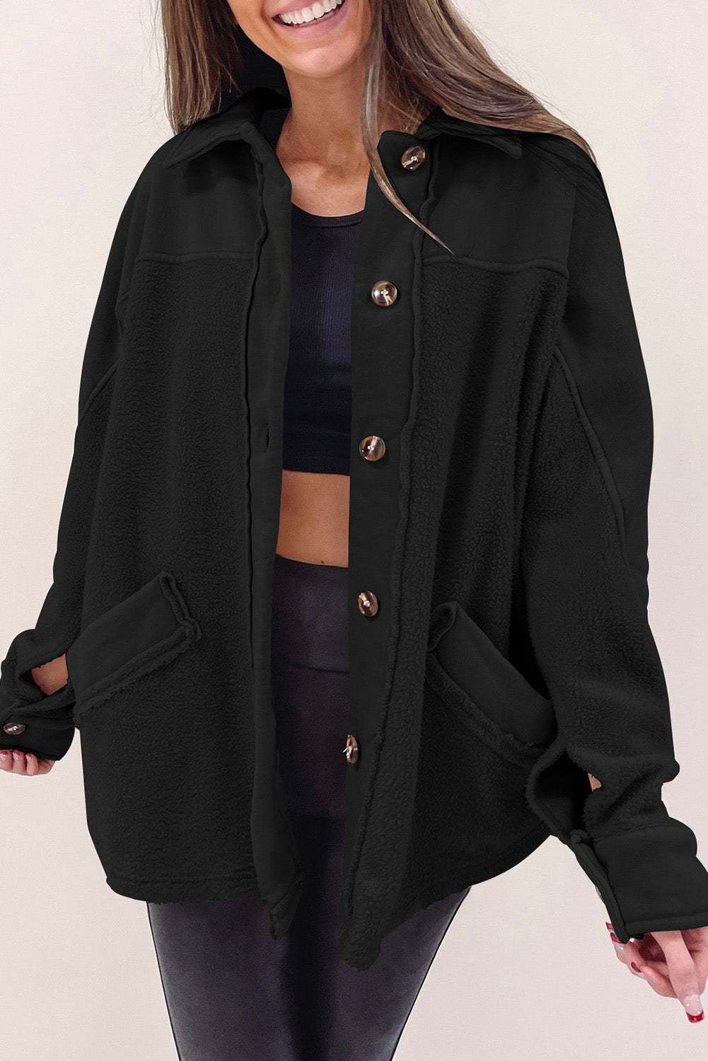 Stitching Pocket Raw Hem Shacket