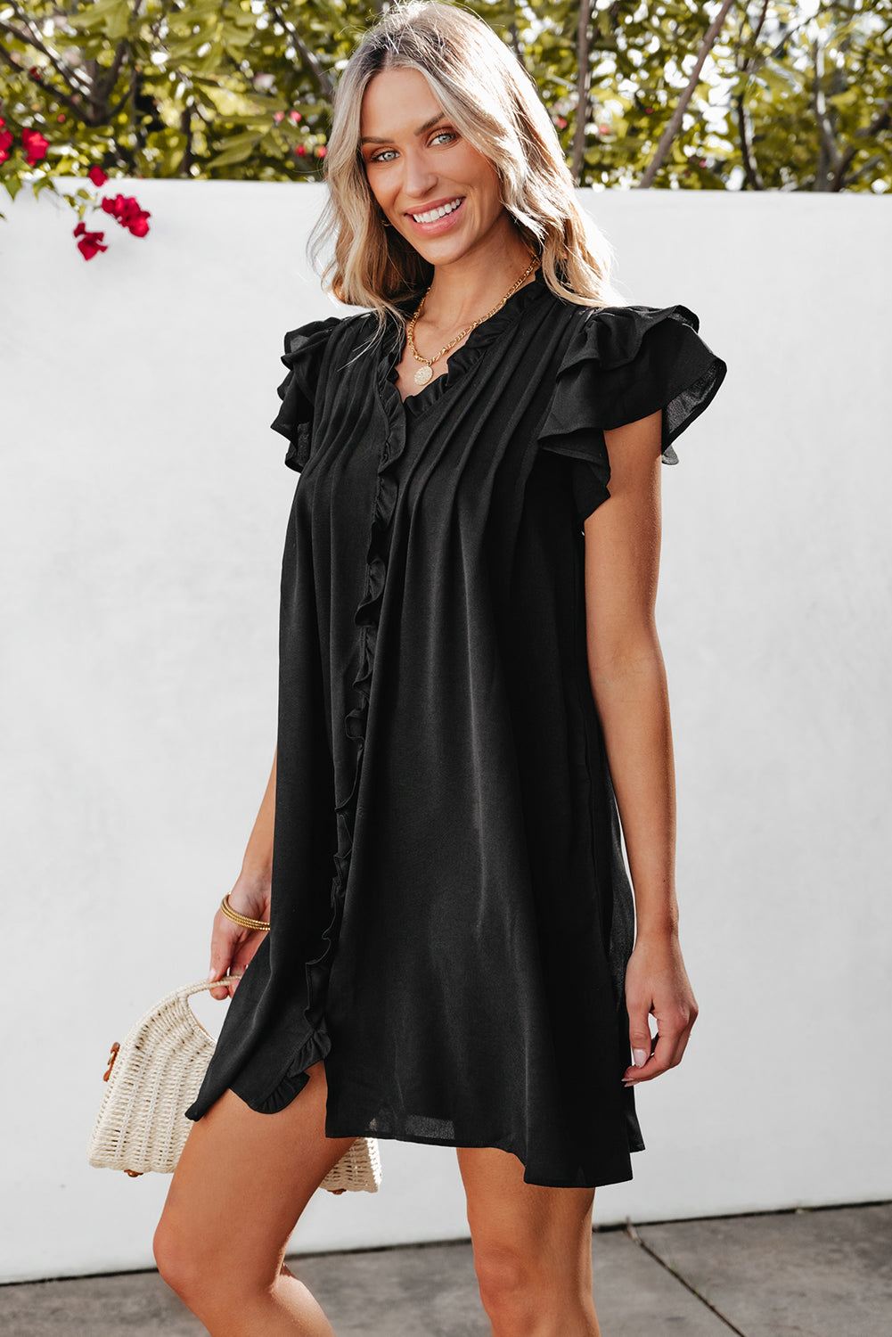 Black Ruffle Sleeve Front stylish street view