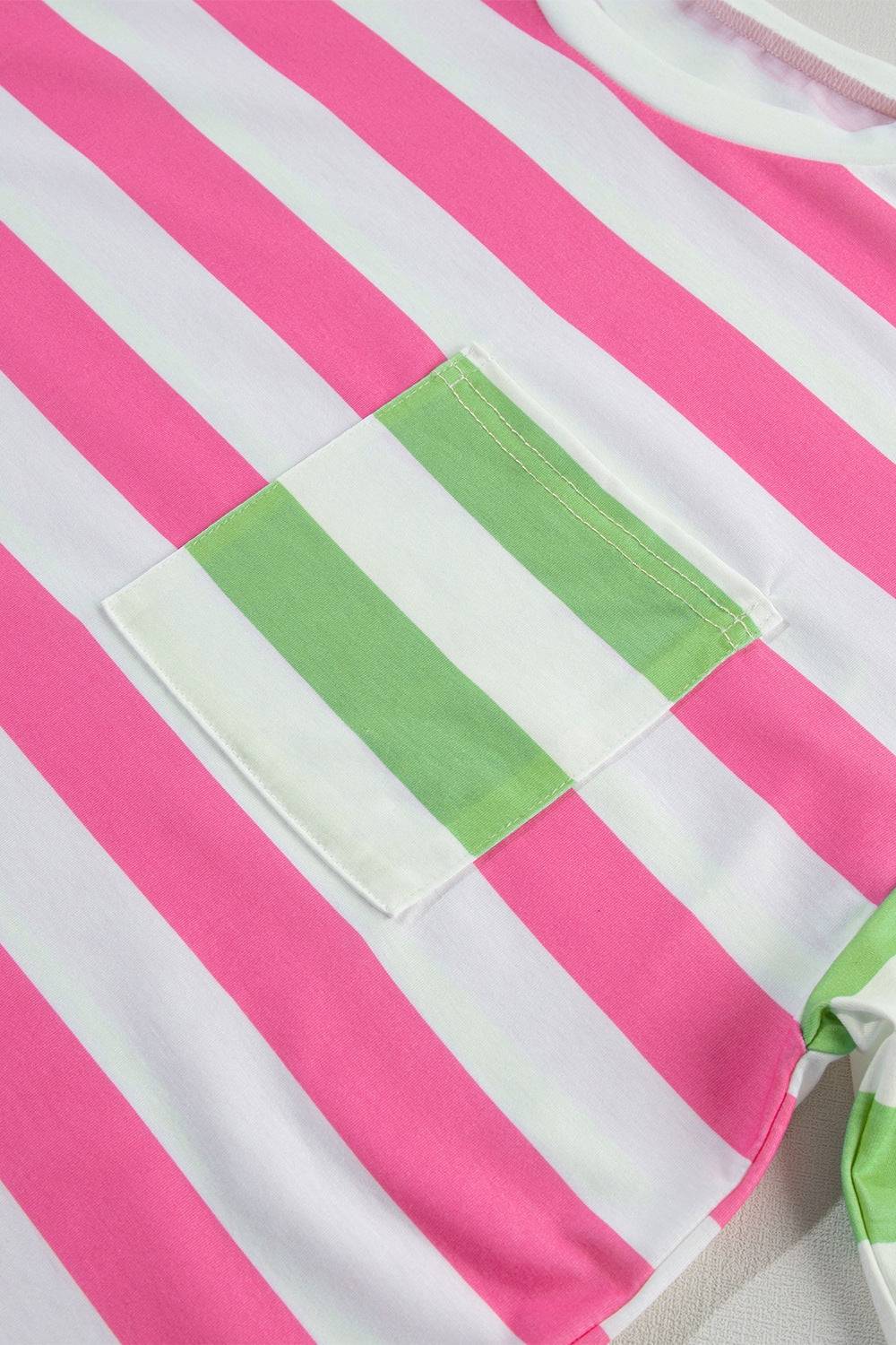 striped t-shirt with pink and white stripes, round neck, half sleeves, and green striped pocket