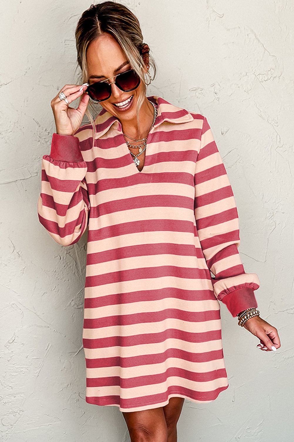 Striped mini dress with Johnny collar and long sleeves, pink and beige stripes, chic and versatile casual wear.