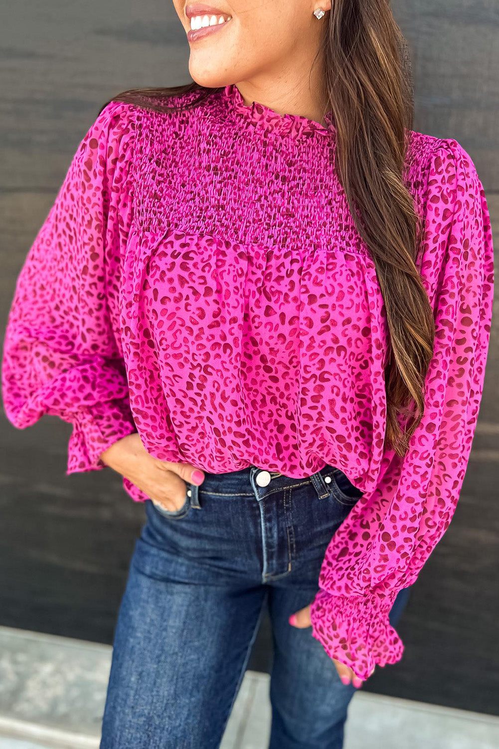Leopard Print Blouse – Rose Puff Sleeve Shirred Top for Women Close up