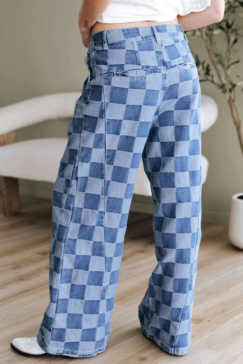 Dusk blue checkered denim wide-leg jeans displayed worn on a model.