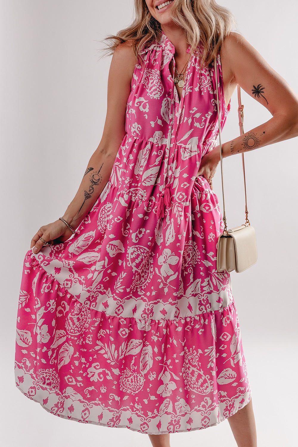 Boho Floral Dress - Front View Sleeveless Tiered Midi with Tassel Tie Neck