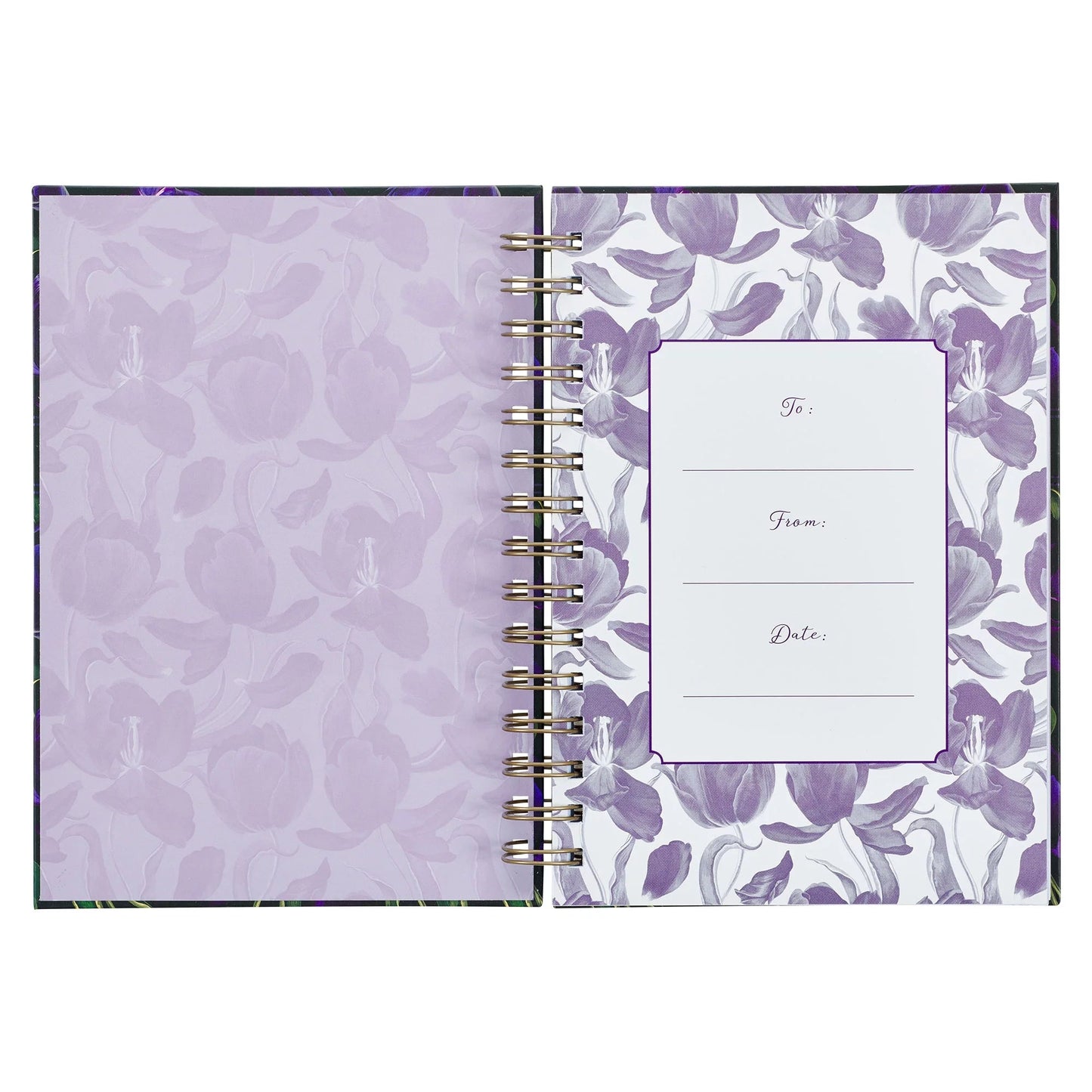 Black and purple wirebound journal with floral design, features Luke 1:45 scripture, hardcover, 192 ruled pages.