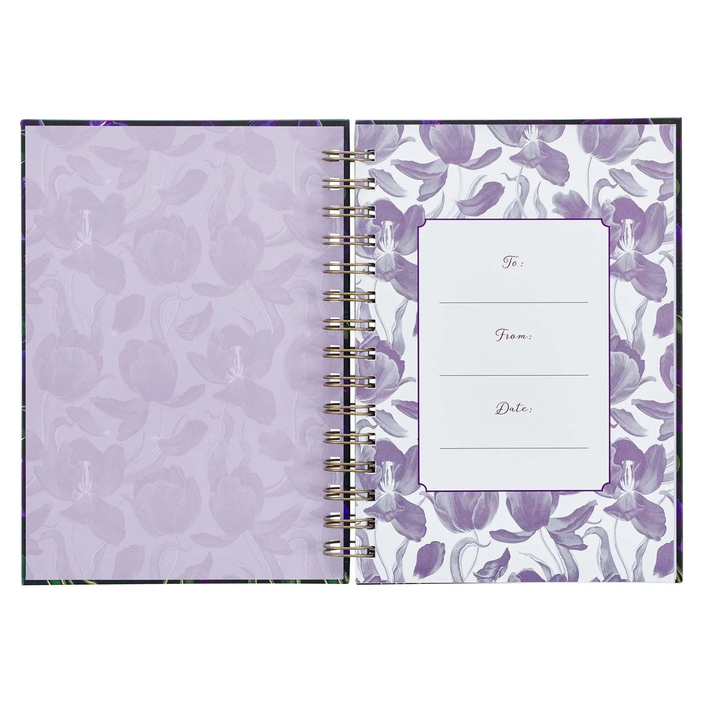 Black and purple wirebound journal with floral design, features Luke 1:45 scripture, hardcover, 192 ruled pages.