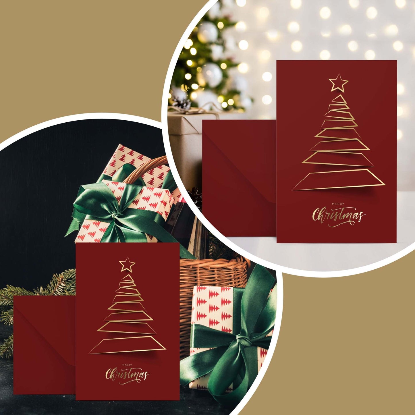 Christmas greeting cards with gold foiling Xmas tree, set of 20 dark red cards and envelopes.