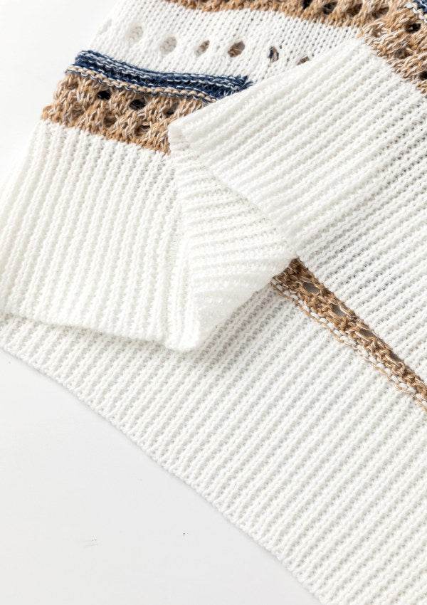 Hollow Out Half Sleeve Striped Knit Top with open knit pattern and bold stripes, casual chic style.