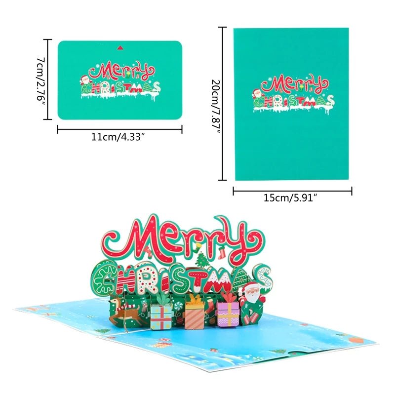 3D Pop up Greeting Card with Envelope displaying a vibrant "Merry Christmas" design, showcasing intricate paper carving and folding.