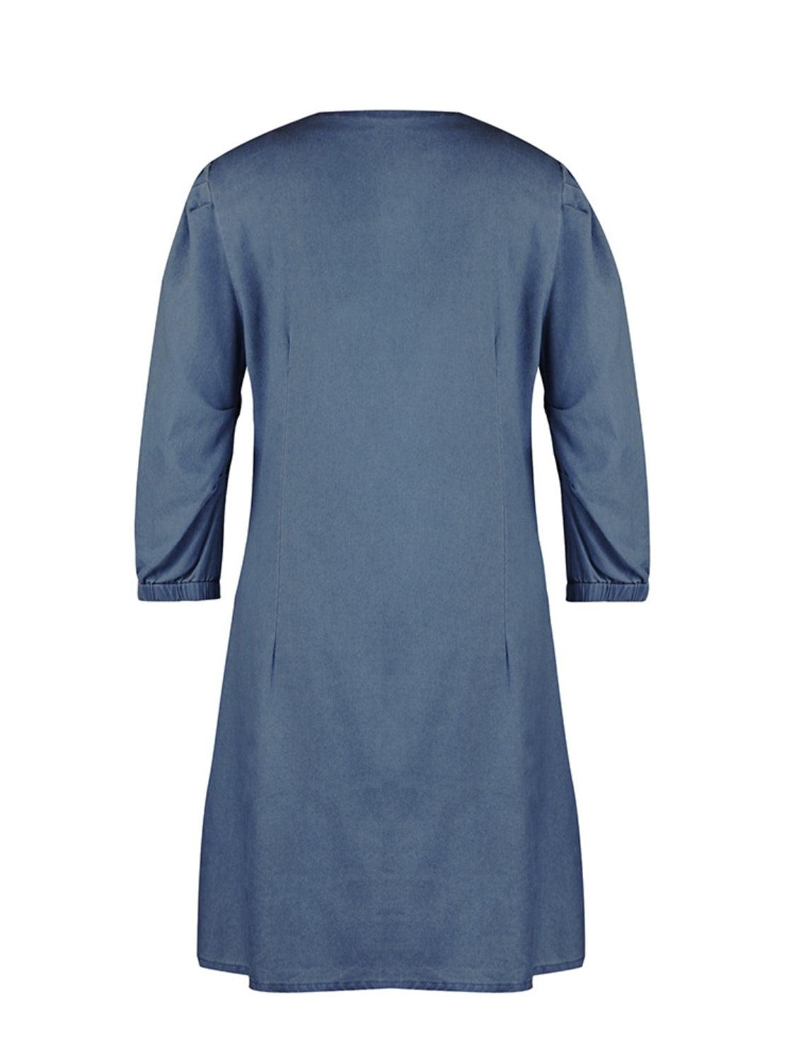 Full Size V-Neck Half Sleeve Dress in blue, basic style, no stretch, crafted from 65% rayon and 35% polyester.