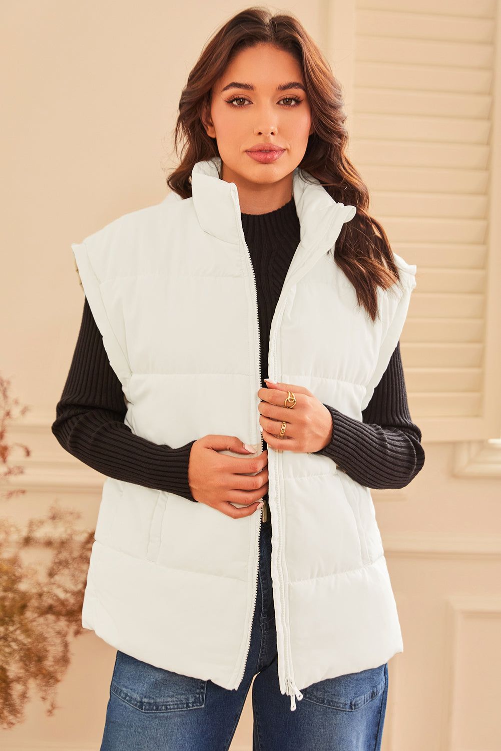 Solid Zipper Stand Neck Oversized Puffer Vest with high-quality zipper closure and stand collar for cozy winter fashion.