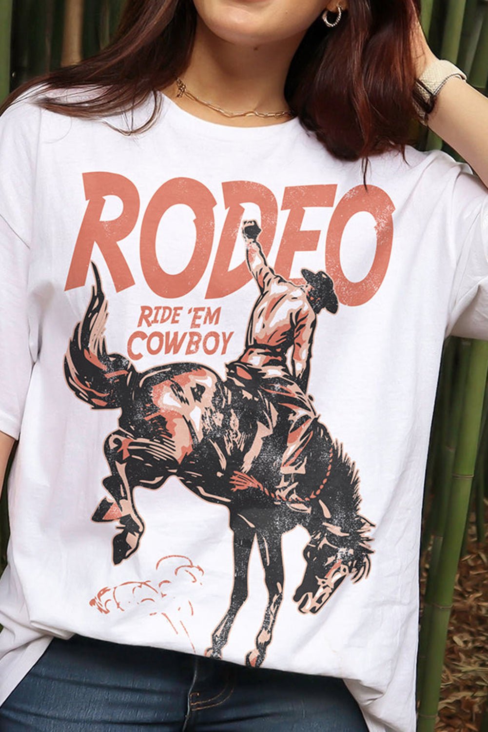 White Rodeo Cowboy Graphic Crewneck T-Shirt with Vintage Western Print