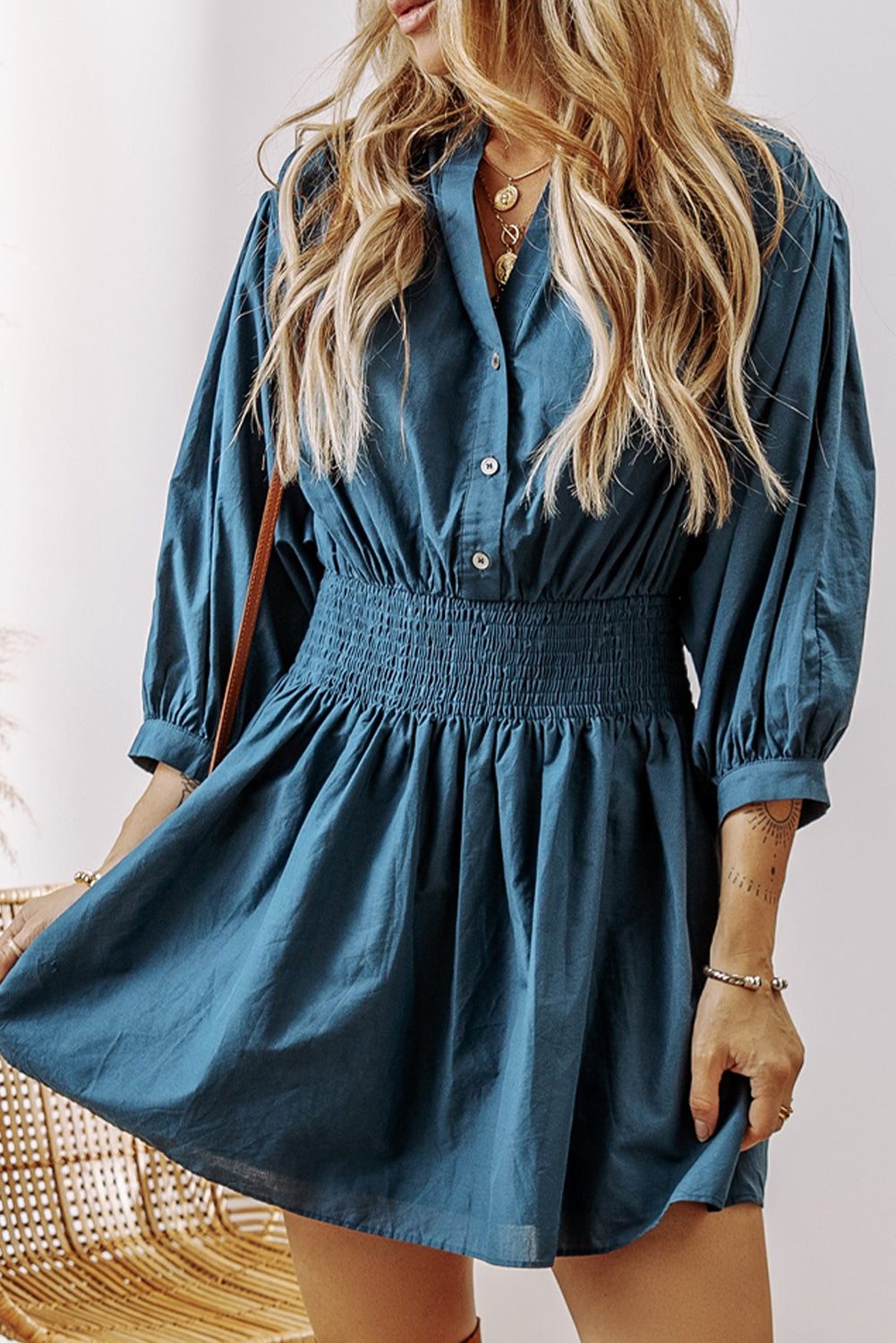 Prussian Blue 3 4th Sleeve Shirred High Waist Buttoned Mini Dress