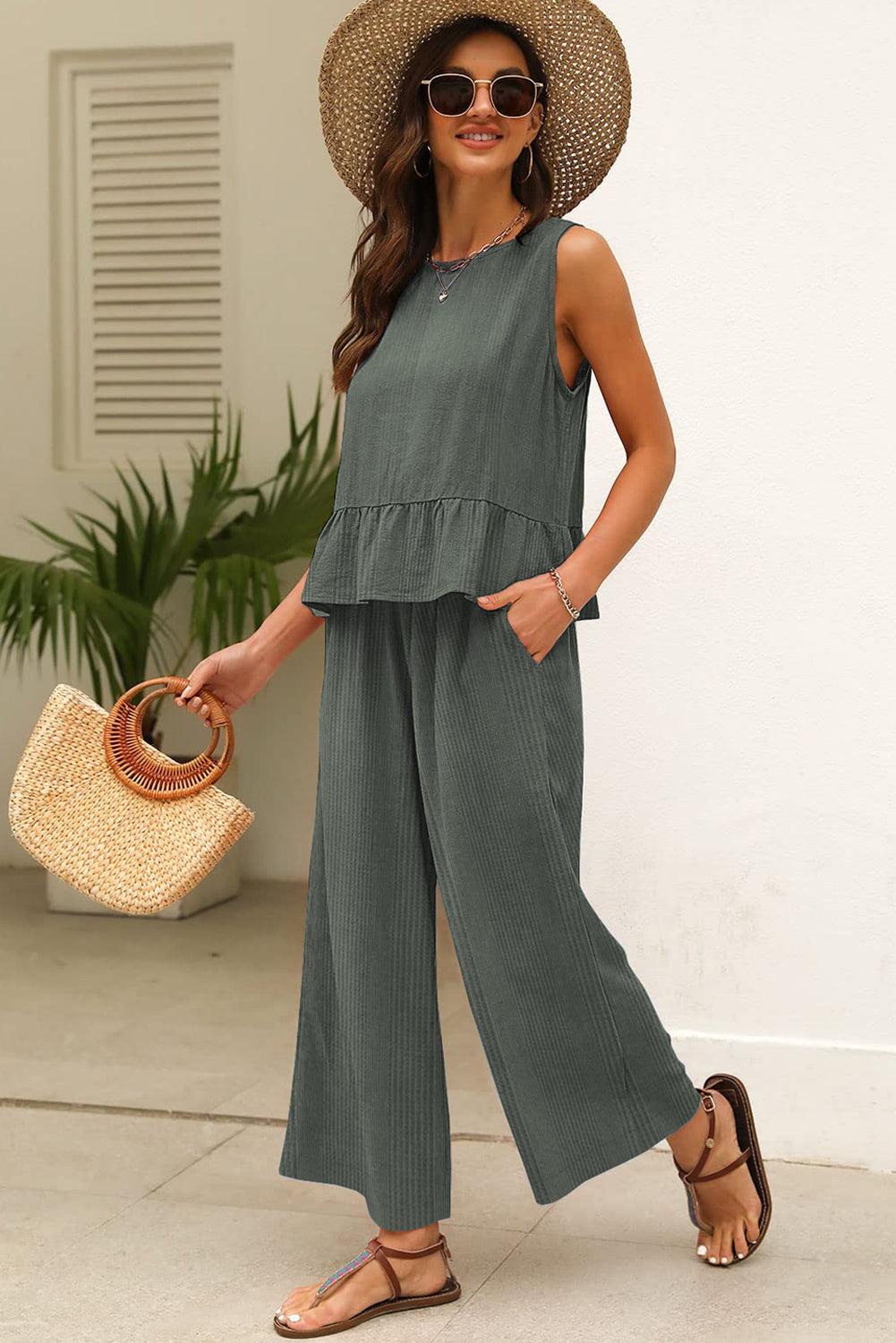 Duffel green solid color ribbed ruffle tank top and pants set - side view