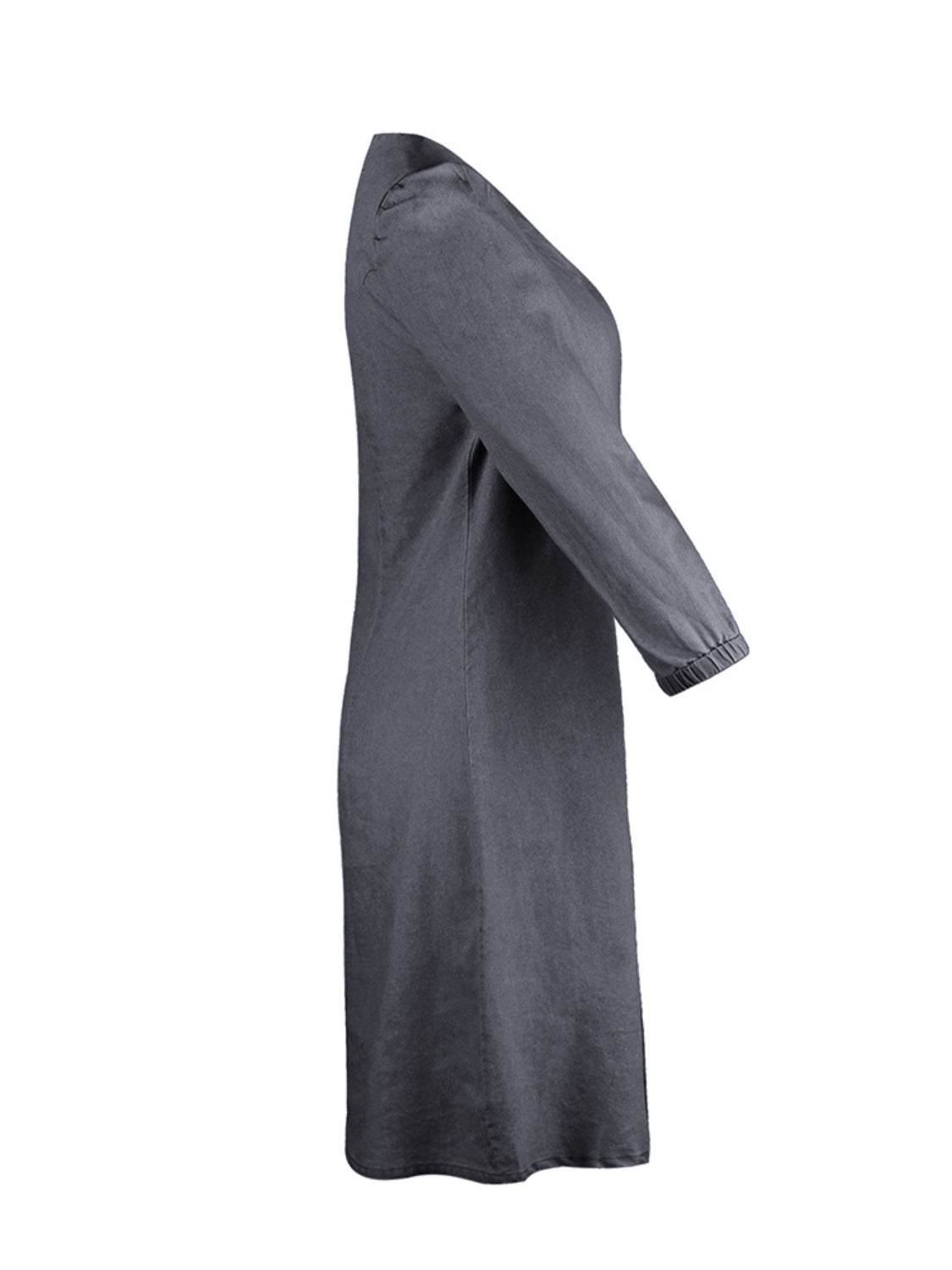 Full size V-neck half sleeve dress in grey, basic style, no stretch.