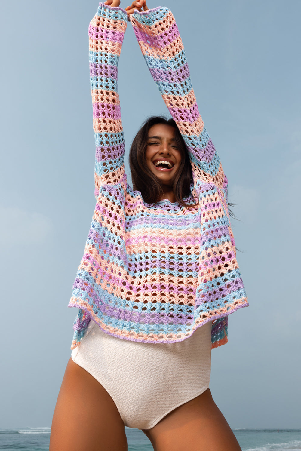 Purple Multi Stripe Open Knit Sweater – Beach Cover-Up with Breezy Boho Vibes